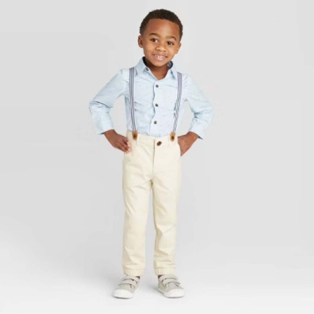 Toddler Boy 2pc Striped Shirt & Bottom Set w Suspender, Cat & Jack Blue/Cream 3T